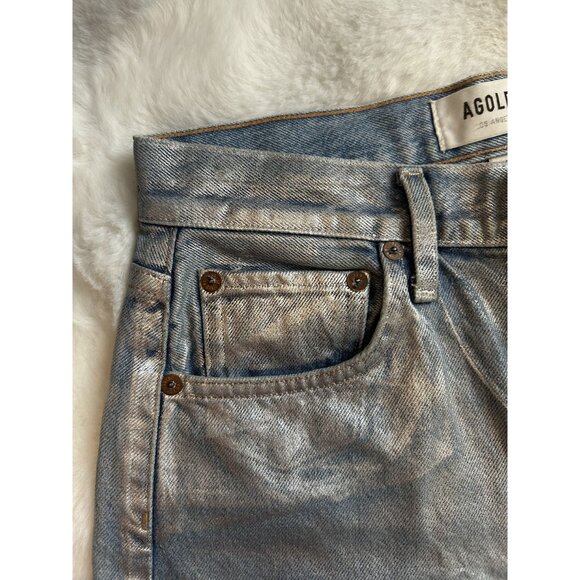 AGOLDE Waxed Metallic Coated Jeans – Raw Cut Hem Skinny Denim Night-Out Chic - Picture 6 of 11